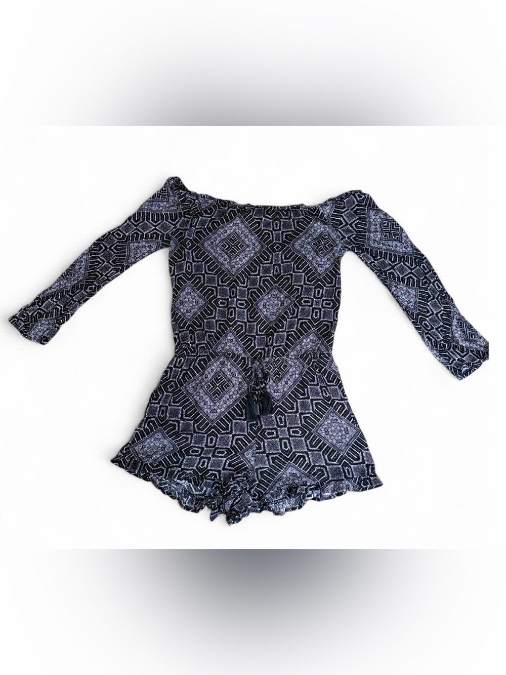 Black & Gray Geometric Off-Shoulder Romper
